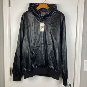 Vintage Y2K Brooklyn Xpress Black Faux Leather Hoodie Reptile Snakeskin Print, M